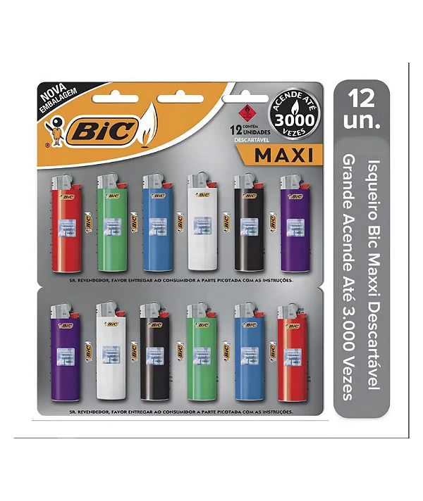 ISQUEIRO BIC MAXXI (CORES SORTIDAS) - CART C/ 12 UN (ATACADO)