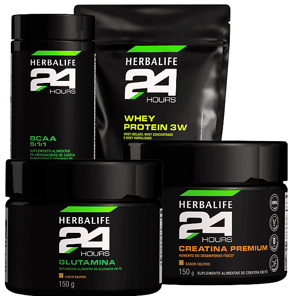 Kit Whey Protein 3W, Creatina Premium, BCAA 5:1:1 e Glutamina
