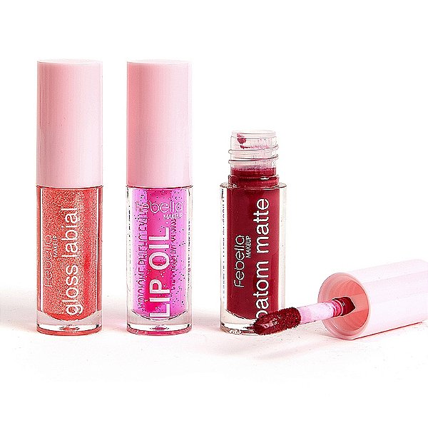 Trio de Lip Oil, Batom Matte e Lip Gloss 3 - Boca Linda - Febella