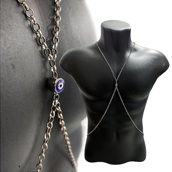 Body Chain Corrente de Aço Prata Olho Grego
