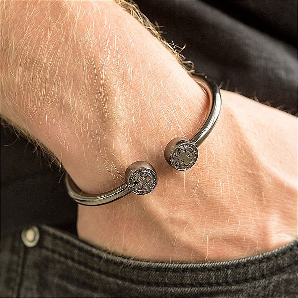 Bracelete Masculino Amuleto São Bento de Aço