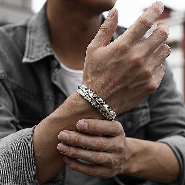 Bracelete Pena Única Viking Aço Ajustável