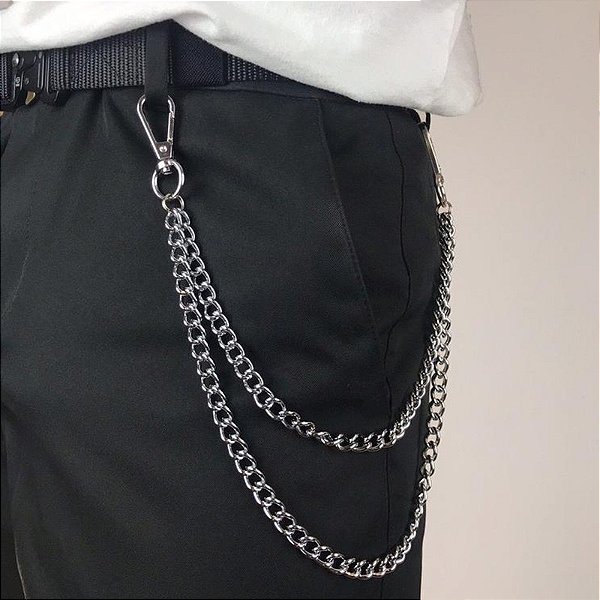Corrente de Calça em Camadas Dupla Masculina Aço Mosquetão