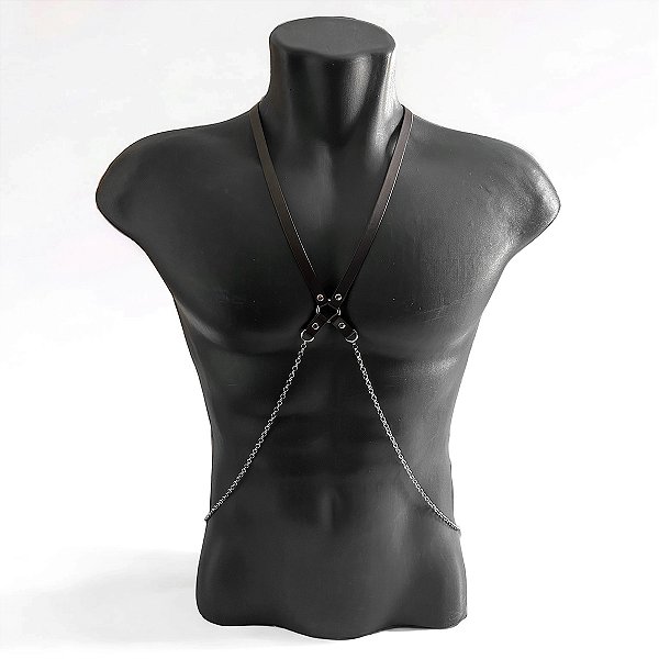 Body Chain Masculino Zenith Couro Marrom Corrente Prata