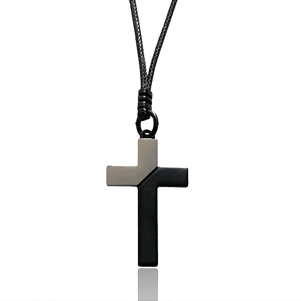 Colar Masculino Cordão Encerado Cruz Preta C/ Cromado