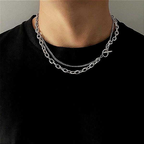 Colar Duplo Masculino Corrente de Elos Grossos Aço Inox Benedict
