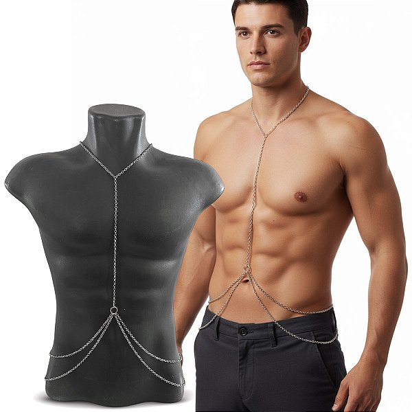 Body Chain Masculino Harness Corrente Prata Rhodes