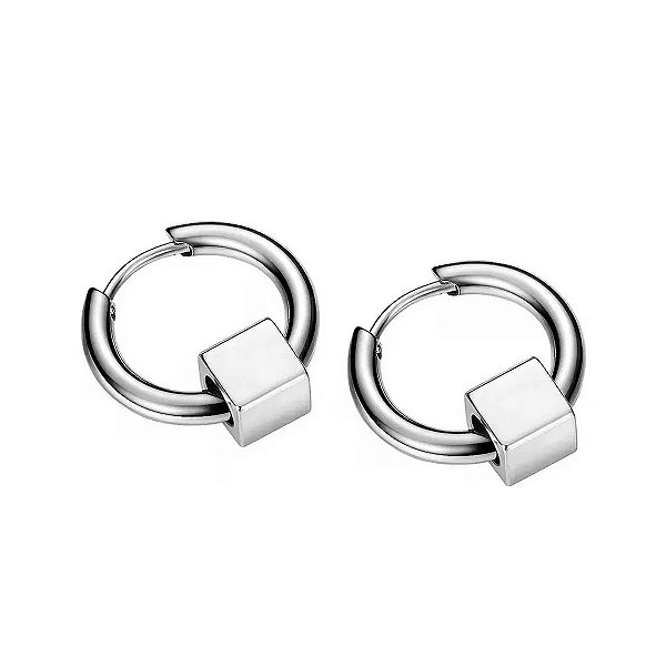 Par Brinco Argola Berloque Cubo Aço Inox