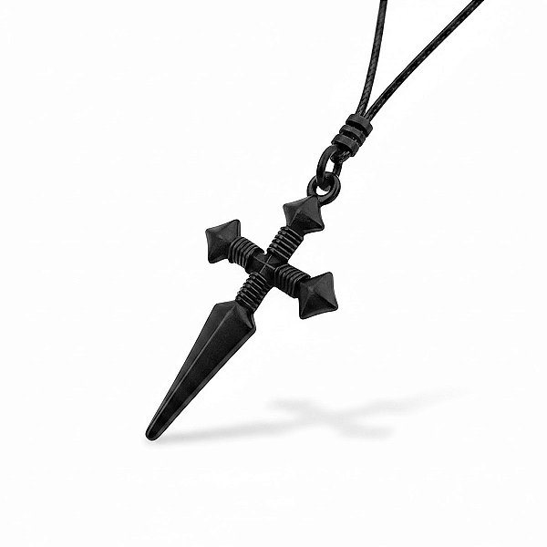 Colar Masculino Cordão Encerado Cruz Malta Preta Ordem de Santiago Adaga