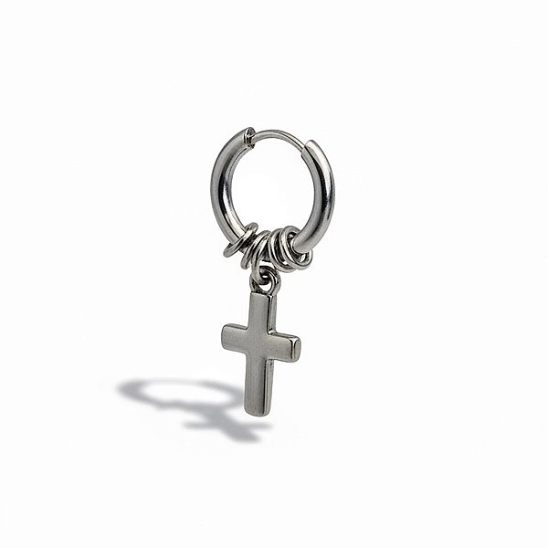 Brinco Masculino Prateado Argola Cruz 3D - 1 Peça
