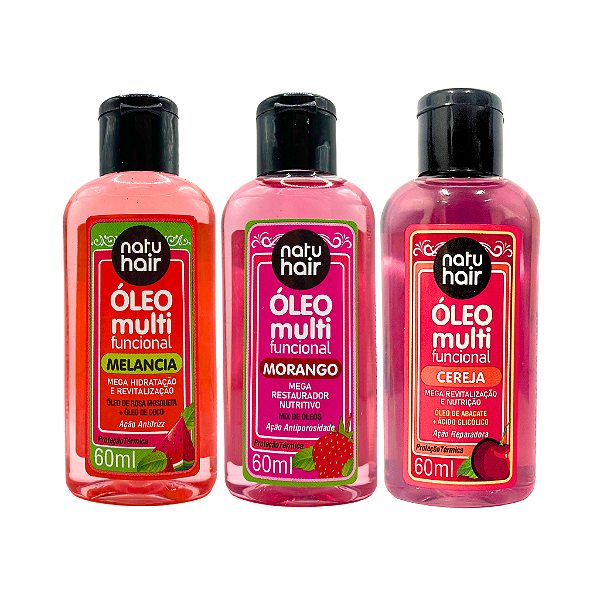 Kit Óleo Multifuncional Frutas Vermelhas: Melancia + Morango + Cereja 60ml NatuHair