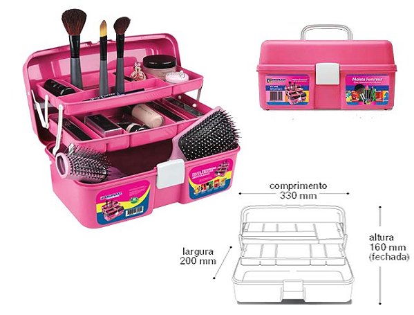 Maleta Feminina Caixa Organizadora Multiuso Maquiagem Esmaltes Manicure Com Bandejas Rosa