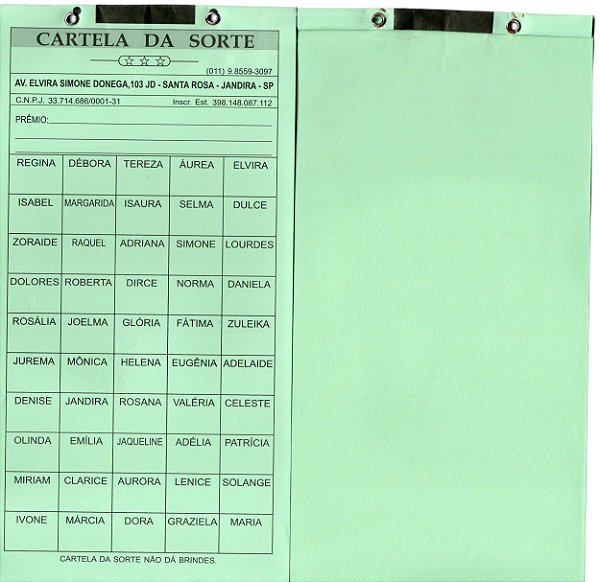 Cartela de rifas Com 50 Nomes