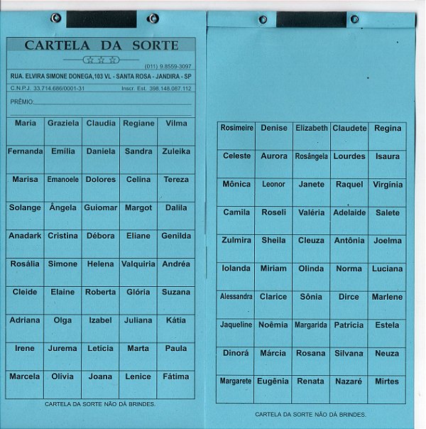 Cartela de rifas Com 100 Nomes