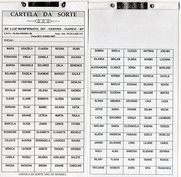 Cartela de Rifas Com 150 Nomes
