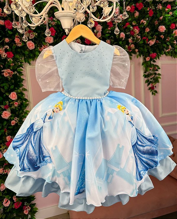 Vestido Princesa Cinderela Azul C/ Peito Strass 4 ao 12 - Petecolá kids