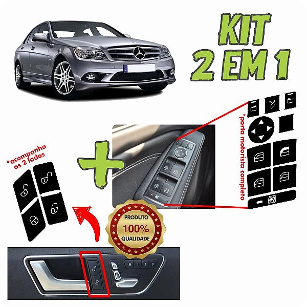 Kit Adesivos - Botões do vidro + Botões da Trava - Mercedes Série C, GLA, CLA e outros