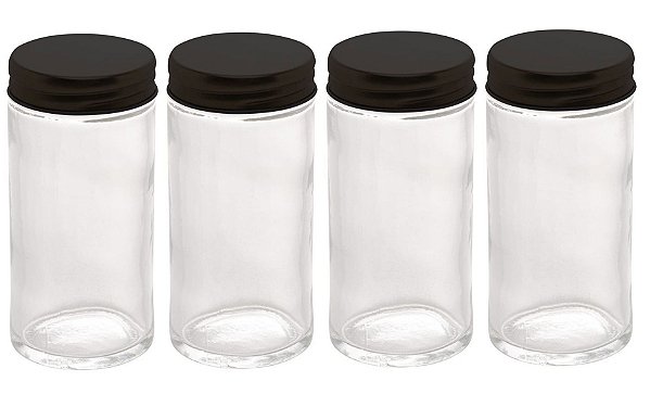 Jogo Pote para Tempero 80ml Vidro Tampa Metal Preto 4 Peças - Lyor