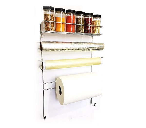Conjunto Porta Papel Toalha 6 em 1 Cromado com 6 Potes para Tempero Vidro Tampa Black