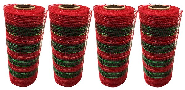 Kit Tela Decoração Natal Fita 15cmx5m Listras Verde e Vermelho 4 Peças - Magizi
