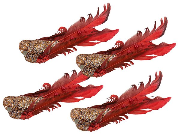 Kit Passarinho Natal Penas Pérolas Vermelho 16cm 4 Un Magizi