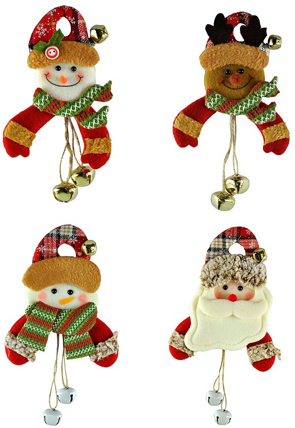 Jogo Bonecos Natal Pelúcia Guizo Rena, Papai Noel, Boneco Neve 17cm 4 Peças