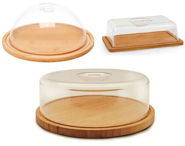 Jogo Queijeira, Boleira e Porta Frios Eco Bambu Tampa Acrílico Ecokitchen - Mimo Style