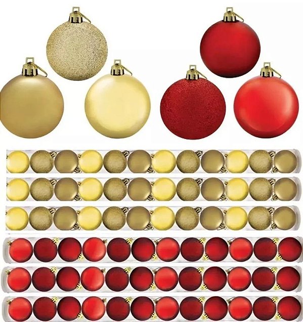 Kit 72 Bolas De Natal Decoradas Mista Gliter, Fosco e Brilho Dourado E Vermelho 6cm