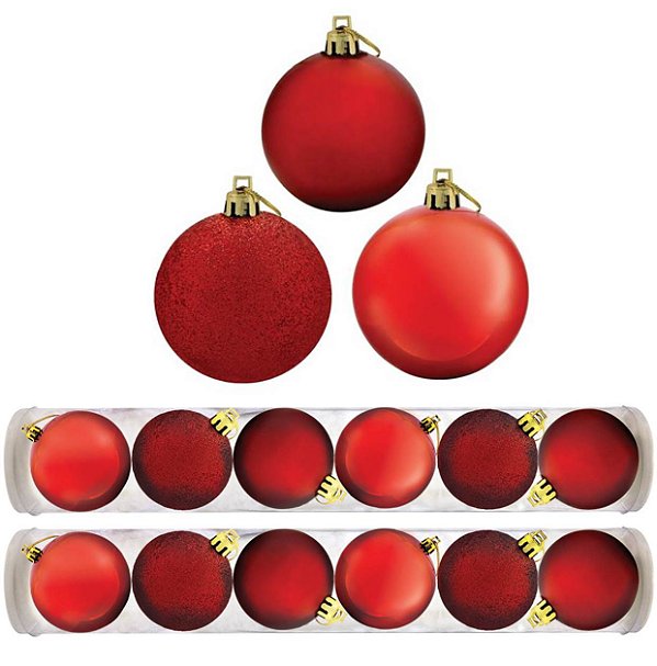 Kit Bola De Natal Mista Gliter, Fosca, Brilho Vermelha 12 Unidades 8cm - Magizi
