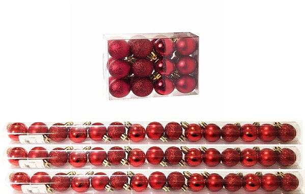 Kit 45 Mini Bolas Natal Vermelha Glitter, Fosca, Lisa 3cm - Master Christmas
