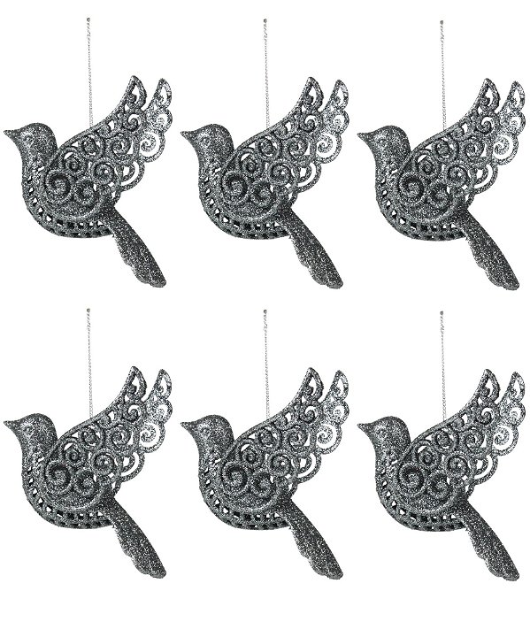 Kit Pássaro Natal Glitter Prata Pendente 11cm 6 Unidades - Master Christmas