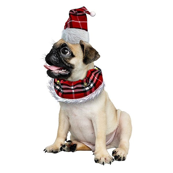 Fantasia Pet Natal Xadrez Gorro e Gola Luxo Guizo - Magizi