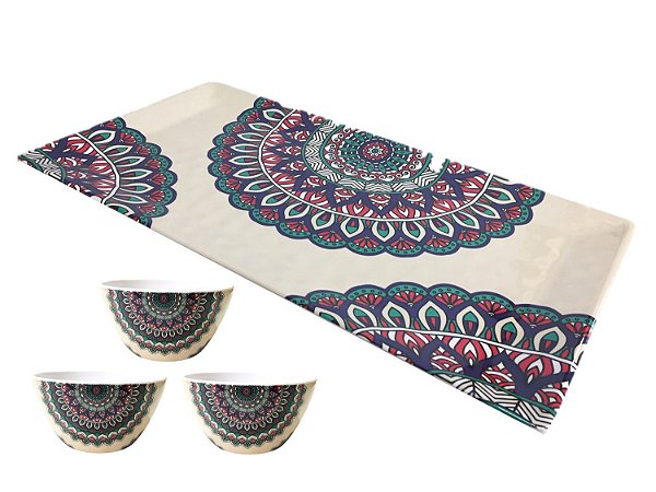 Jogo Bandeja Retangular 46cm e 3 Tigelas Cumbuca Melamina Premium Manish - Mimo