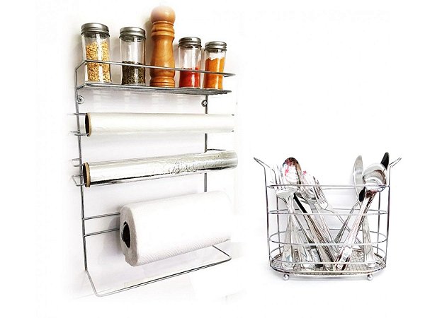 Kit Organizador Cozinha Suporte 5x1 e Porta Talheres Aço