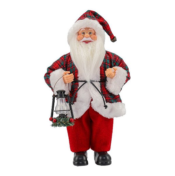 Papai Noel Casaco Xadrez Luxo e Lampião 30cm - Magizi