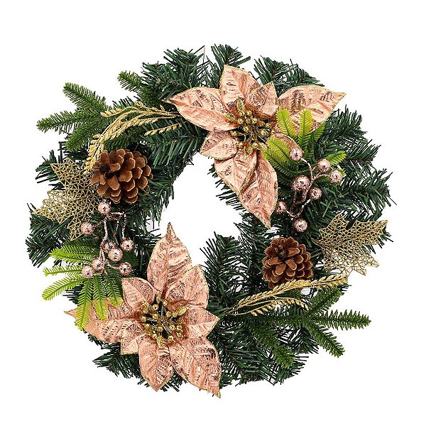 Guirlanda Decorada Luxo Pinhas Flor Bico Papagaio Rosê Gold 40cm - Magizi