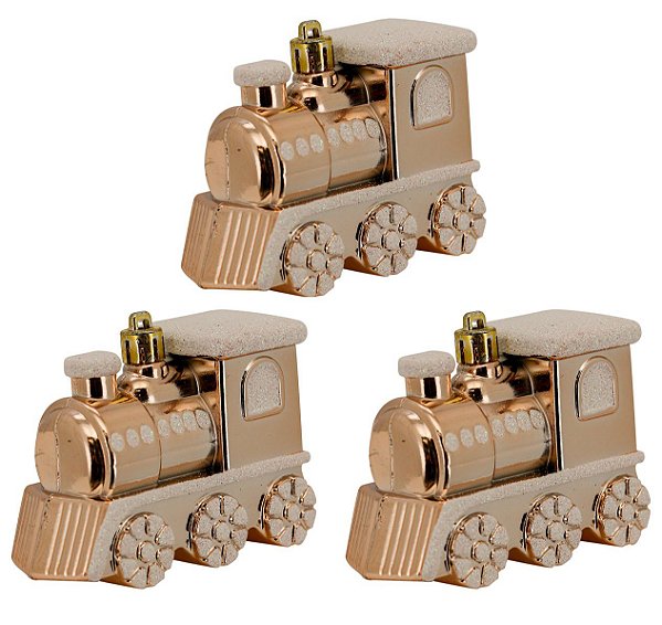 Kit Locomotiva Decorada Natal Plástico Glitter Dourado 8cm 3 Peças - Magizi