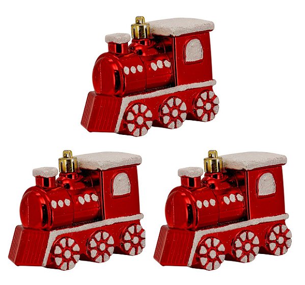 Kit Locomotiva Decorada Natal Plástico Glitter Vermelho 8cm 3 Peças - Magizi