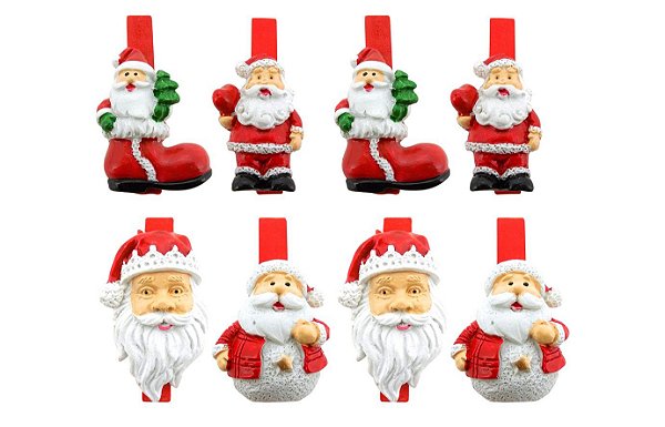 Kit Prendedores Decorados Papai Noel Presilha 8 Peças - Magizi