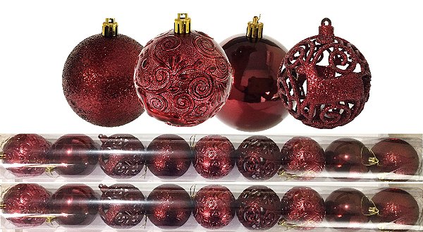 Jogo 18 Bolas Natal Mista Textura Arabescos Rena Vinho 6cm - Master Christmas
