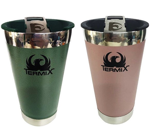 Jogo 2 Copos Térmico Isolamento a Vácuo Com Tampa e Abridor 473ml Verde e Rosê - Termix