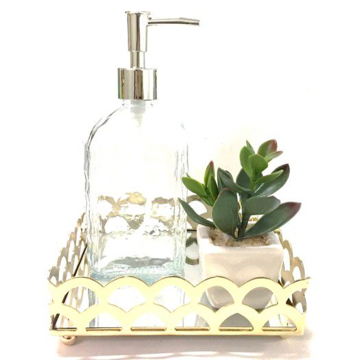 Conjunto Lavabo Dourado Luxo 3 Peças Bandeja Espelhada, Saboneteira e Vaso Suculenta - Mundial