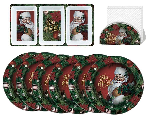 Kit Mesa Posta de Natal 8 Peças Melamina Prato Sobremesa, Petisqueira e Porta Guardanapo - Magizi
