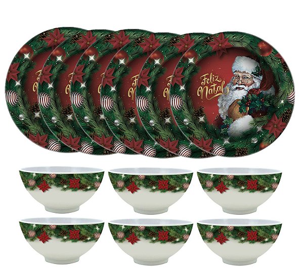 Kit Mesa Posta de Natal 12 Peças Melamina Prato Sobremesa e Tigela Bowl - Magizi
