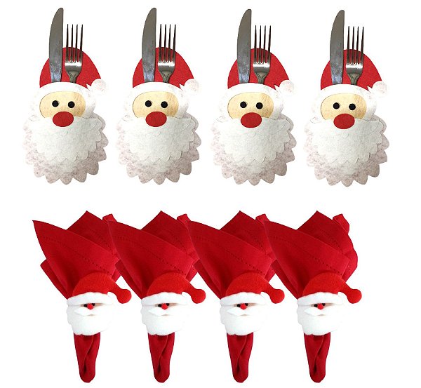Jogo Mesa Posta Natal 8 Peças Porta Talher, Guardanapo Vermelho Ponto Ajour e Anel Papai Noel - Magizi