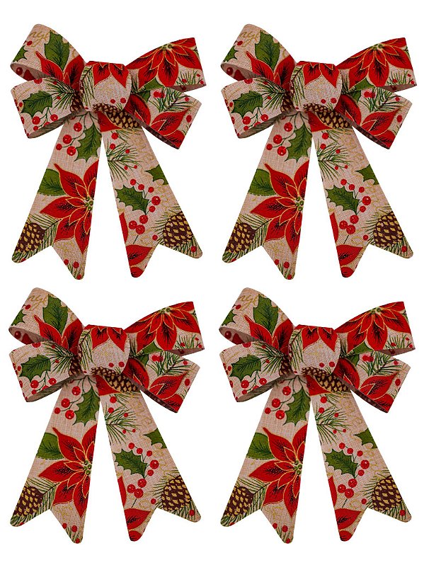 Kit Laço Grande Decorado Natal Bico de Papagaio e Pinhas 20cm 4 Peças - Magizi