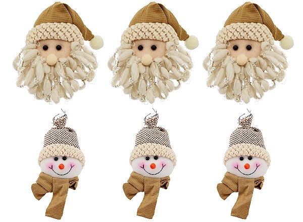 Kit Carinha Papai Noel e Boneco de Neve Pelúcia Rústico 13cm 6 Peças - Magizi