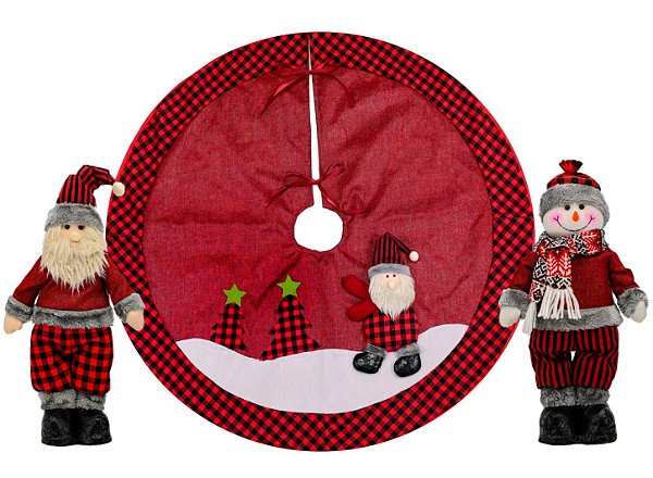 Jogo Saia Árvore Natal Luxo 90cm, Papai Noel e Boneco de Neve Xadrez Preto e Vermelho - Magizi