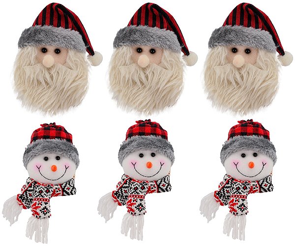Kit Carinha Papai Noel e Boneco de Neve Pelúcia Xadrez 13cm 6 Peças - Magizi