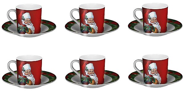 Jogo Xícara de Café Com Pires Decorada Feliz Natal Melamina 6 Peças - Magizi
